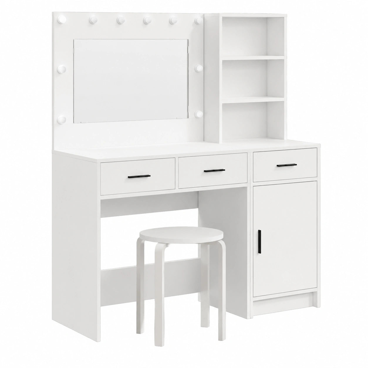 Coiffeuse, avec rangement, avec tiroirs, avec étagères, 2 pièces, coloris blanc, pour la chambre