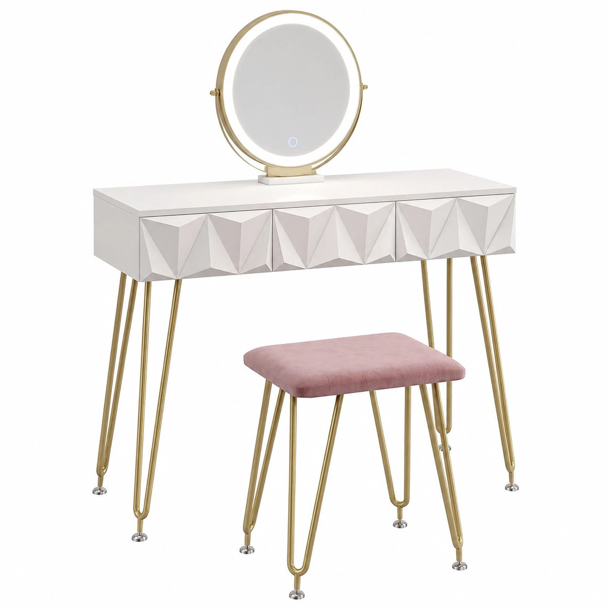 Coiffeuse, avec rangement, avec éclairage LED, coloris blanc, pour la chambre