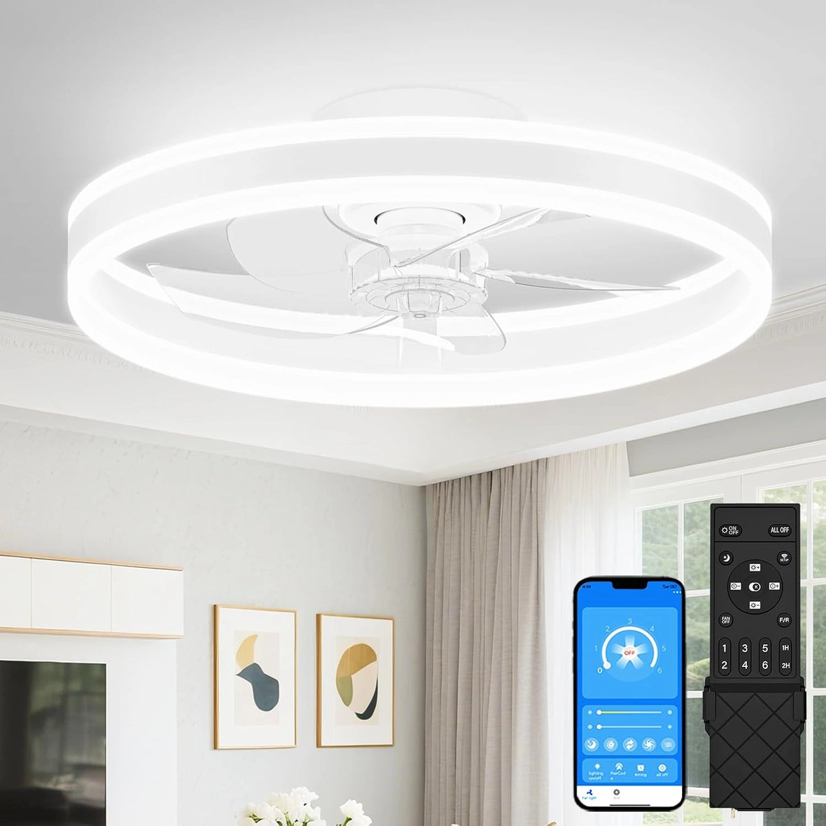 VOLISUN, Ventilateur, avec télécommande, fonctionnement silencieux, Blanc