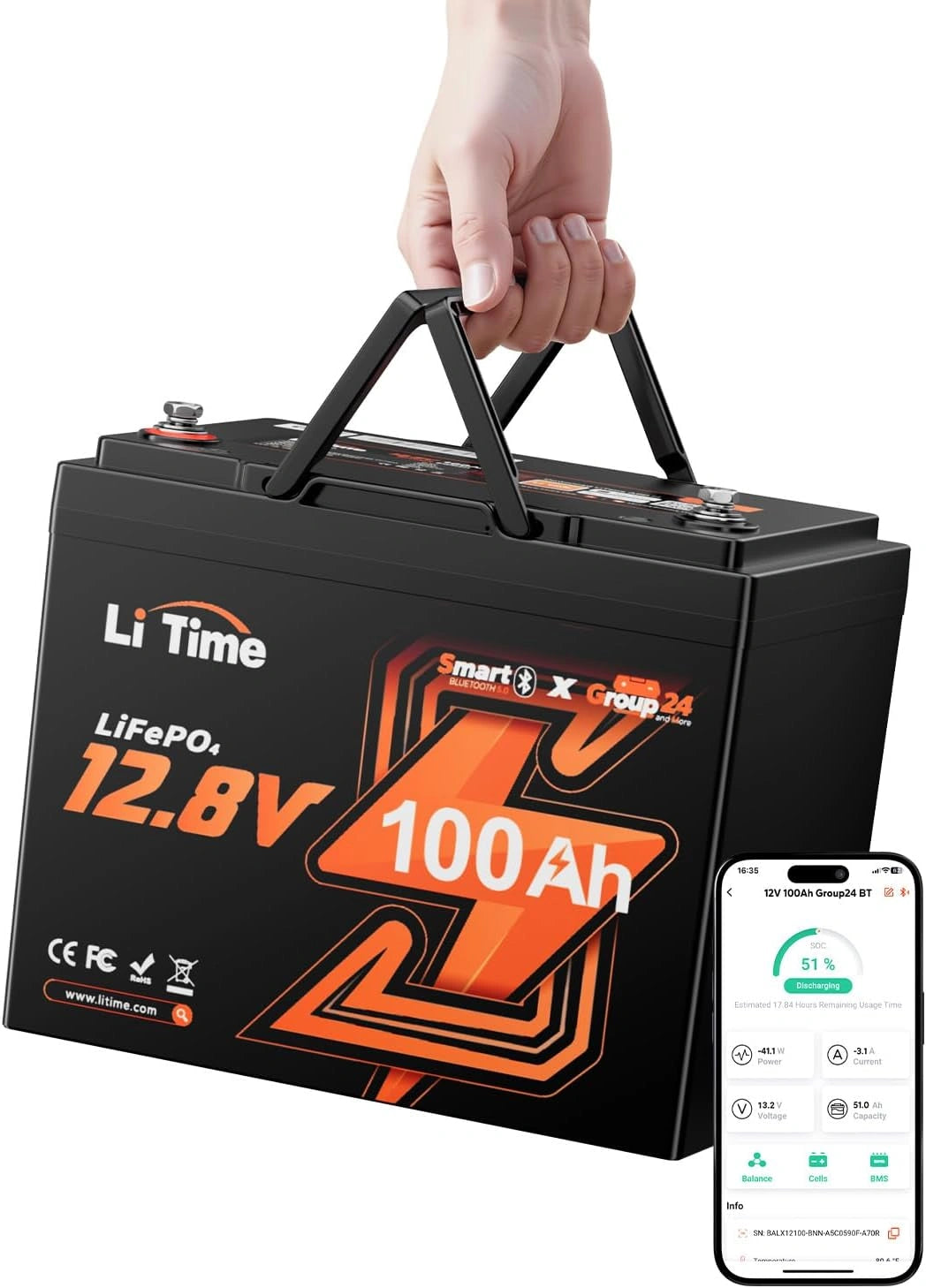 LiTime, Batterie, 100A, 12V, Bluetooth