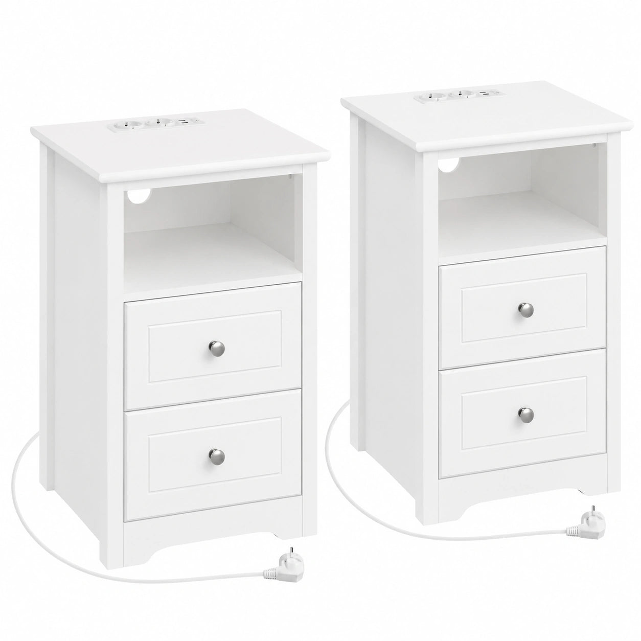 Table de chevet, avec tiroirs, avec prise intégrée, coloris blanc, pour la chambre