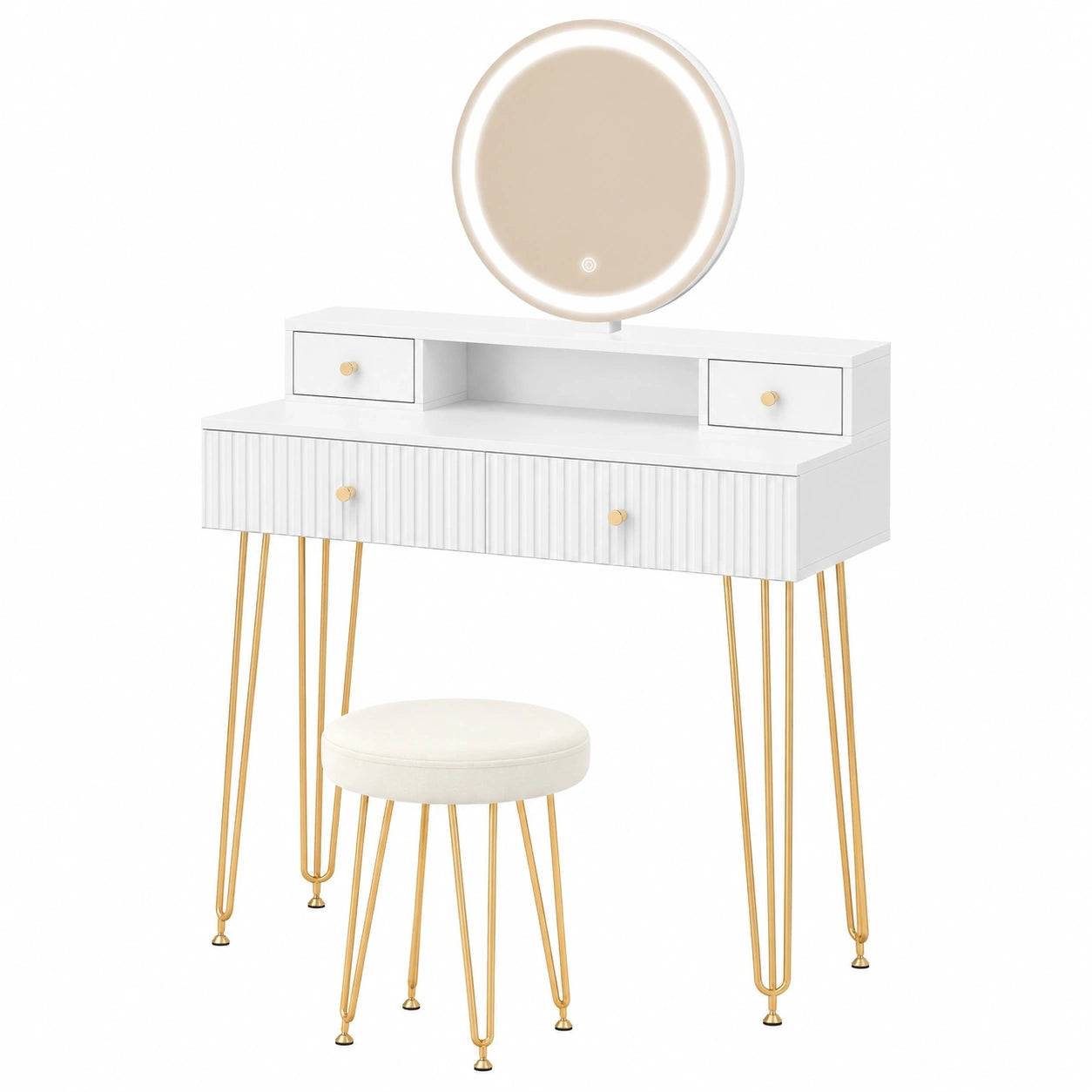 Coiffeuse, avec tiroirs, coloris blanc et doré, pour la chambre