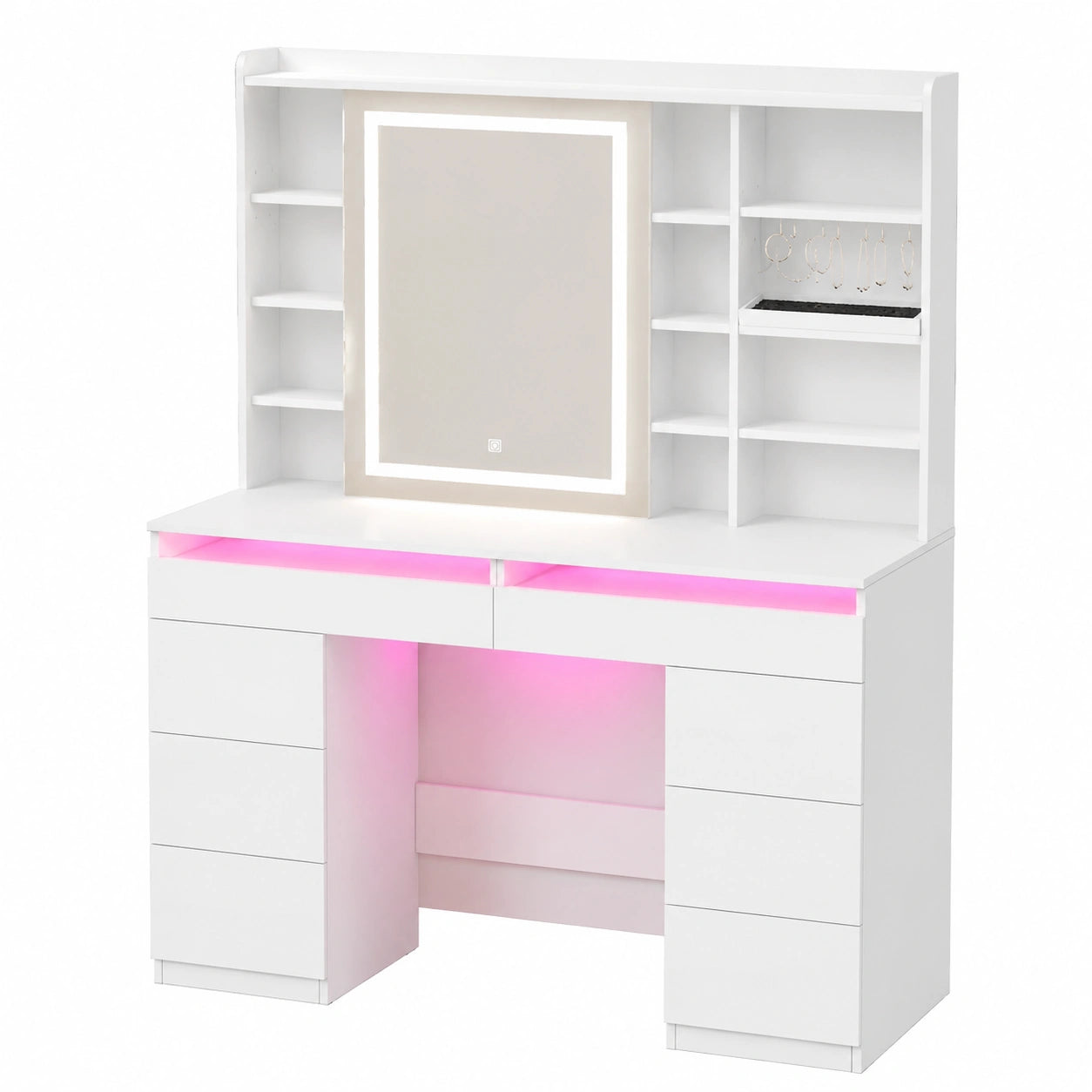 Coiffeuse, avec tiroirs, avec étagères, en verre, coloris blanc, pour la chambre
