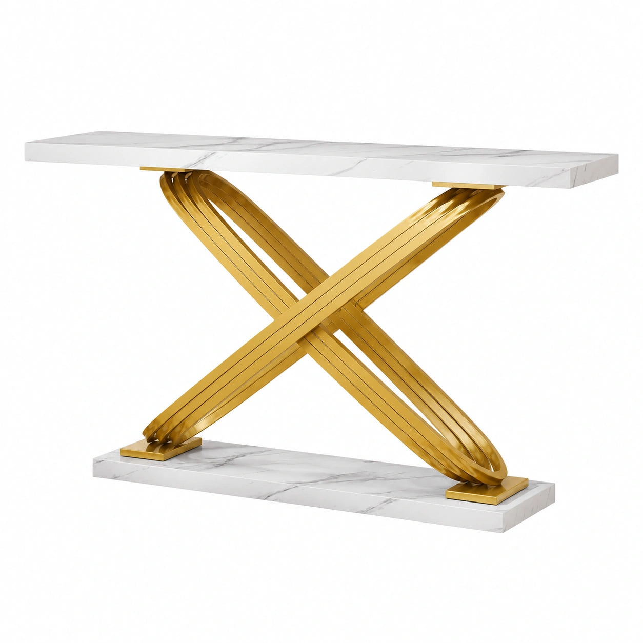 Table, en métal, 140 x 33 x 80 cm, coloris blanc et doré, pour les espaces de vie