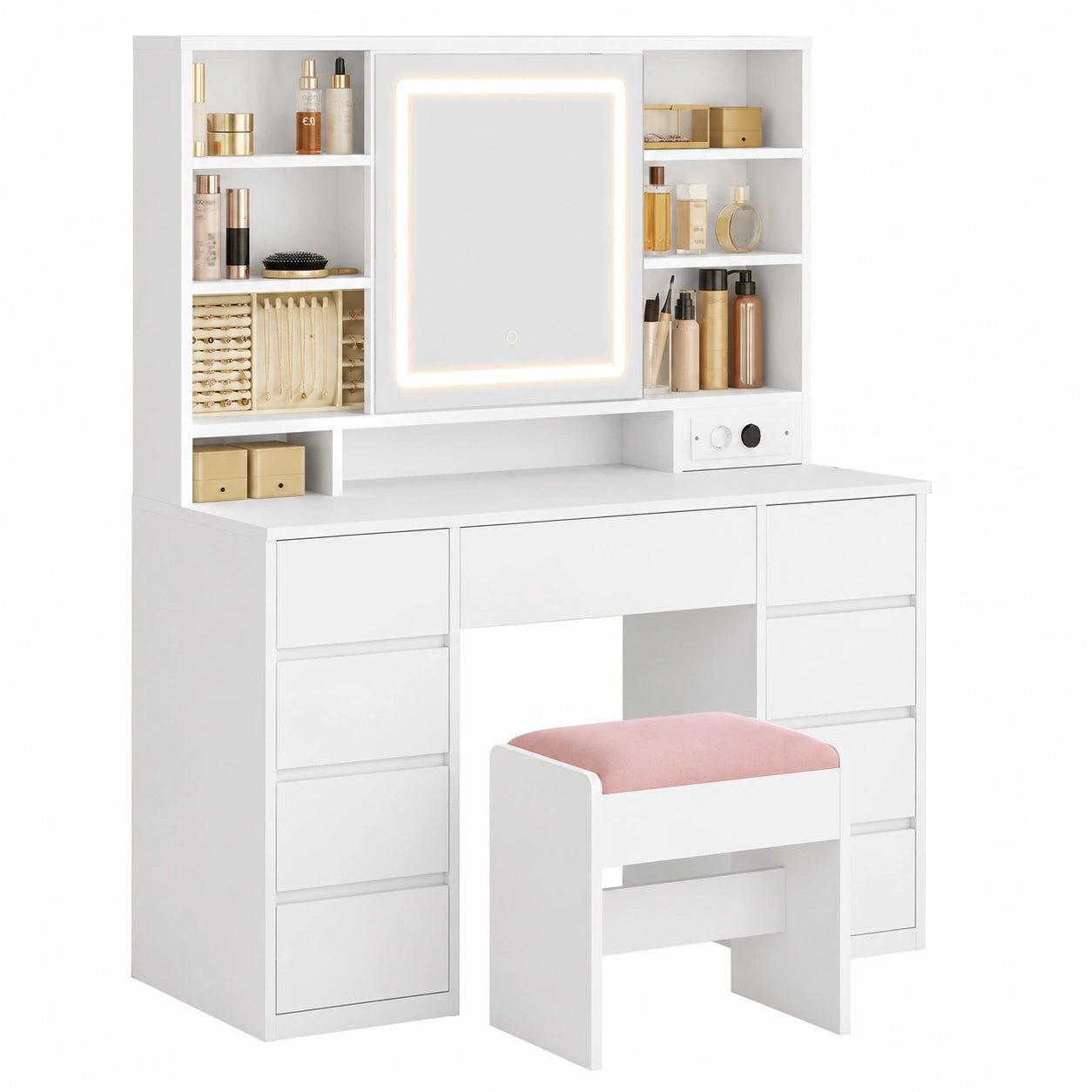 Coiffeuse, avec rangement, avec tiroirs, avec prise intégrée, coloris blanc, pour la chambre