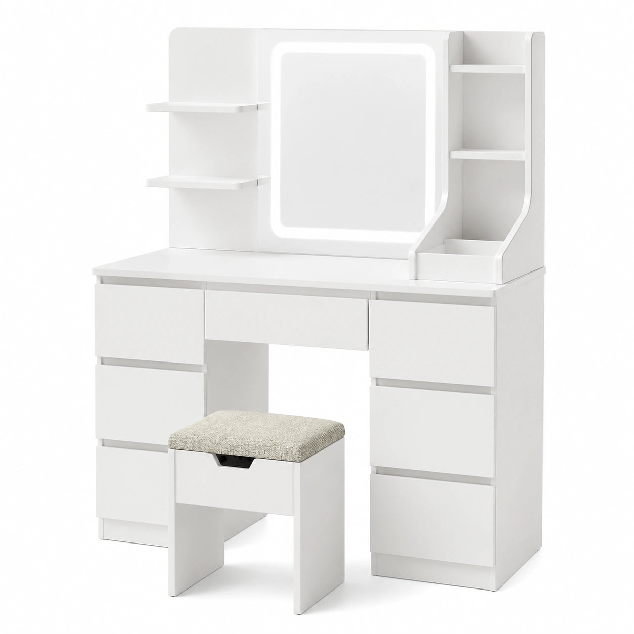 Coiffeuse, avec rangement, avec tiroirs, avec étagères, coloris blanc, 110 x 40 x 139 cm, pour la chambre