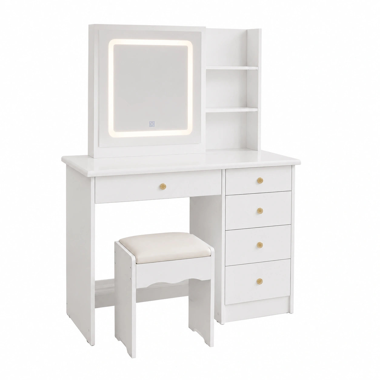 Coiffeuse, en panneaux de bois et verre, avec tiroirs, avec étagères, avec éclairage LED, coloris blanc, 50 x 100 x 136 cm, pour la chambre